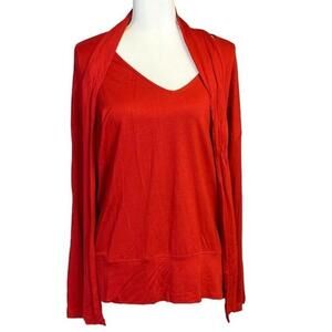 CAbi Blouse Medium Red Tess Tee Firebrick Tie Bow Neck Long Sleeve‎ Knit Classic